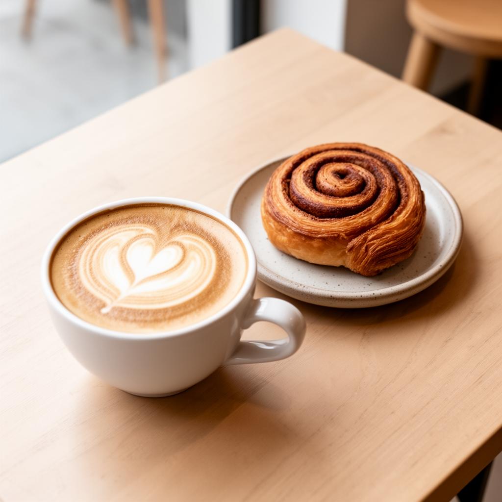Cappuccino with latte art next to a cinnamon swirl on a plate